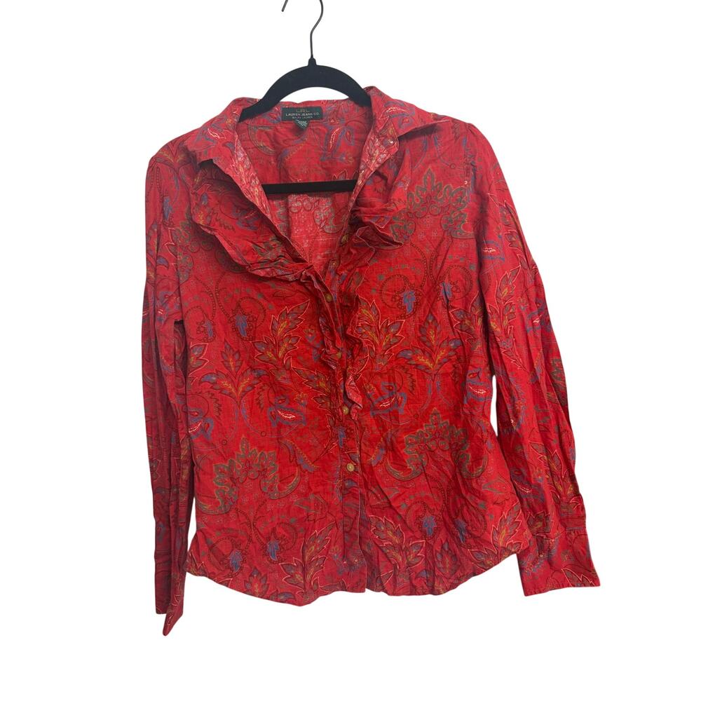 Lauren Jeans Co Ralph Lauren Women’s Red Paisley Ruffle Blouse Boho Western - Picture 2 of 10